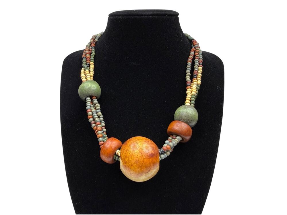 Bohemian Tribal Multi-Strand Wood Bead Statement Necklace Earth Tone Jewelry 17"